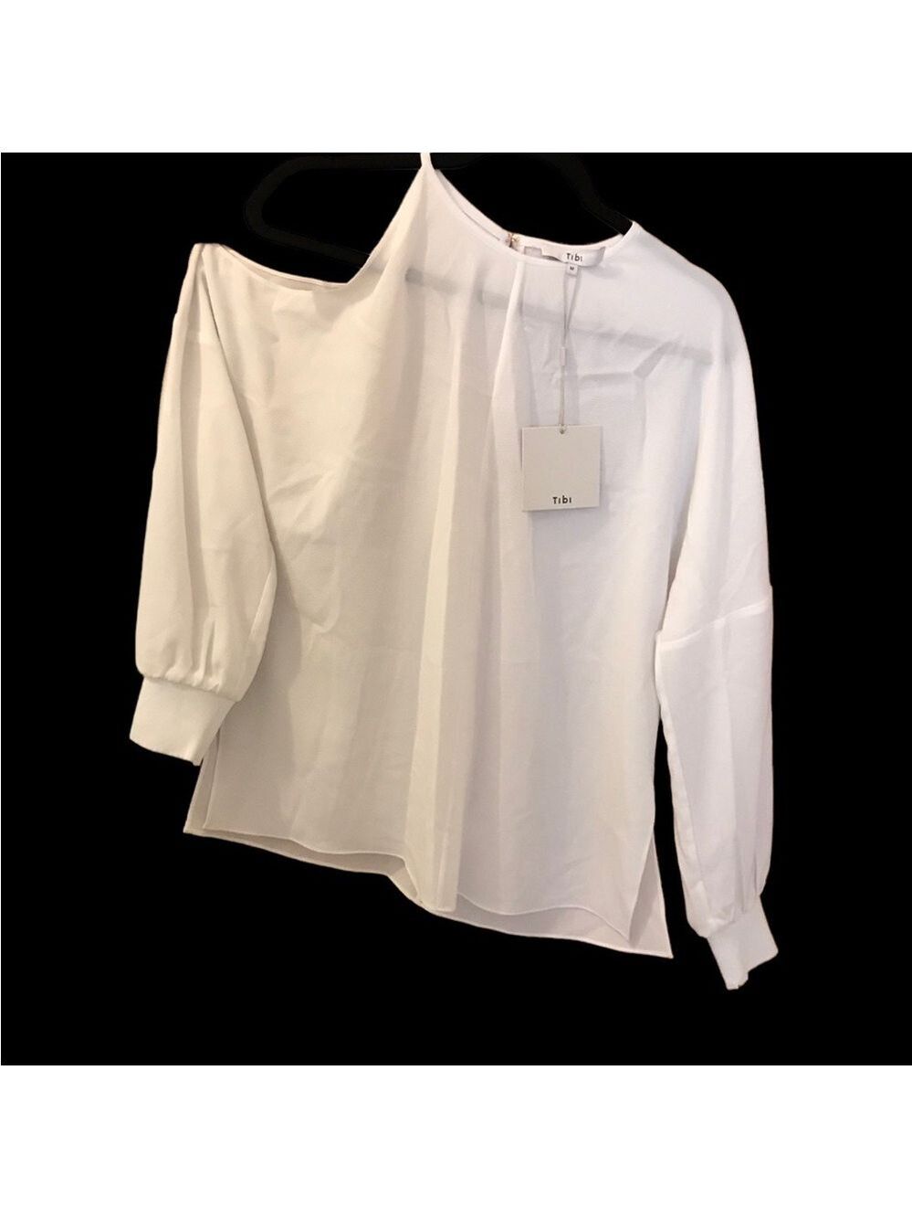 TIBI White Crepe Top, One Shoulder Open, Long-sleeved, Size M, Back Zipp…
